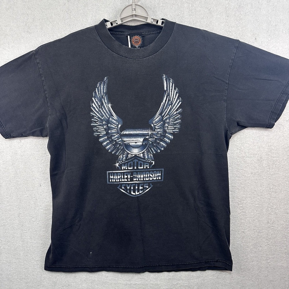 Vtg Harley Davidson Men's XL Metallic Chrome Eagle Wing & Engine Thrashed 90's